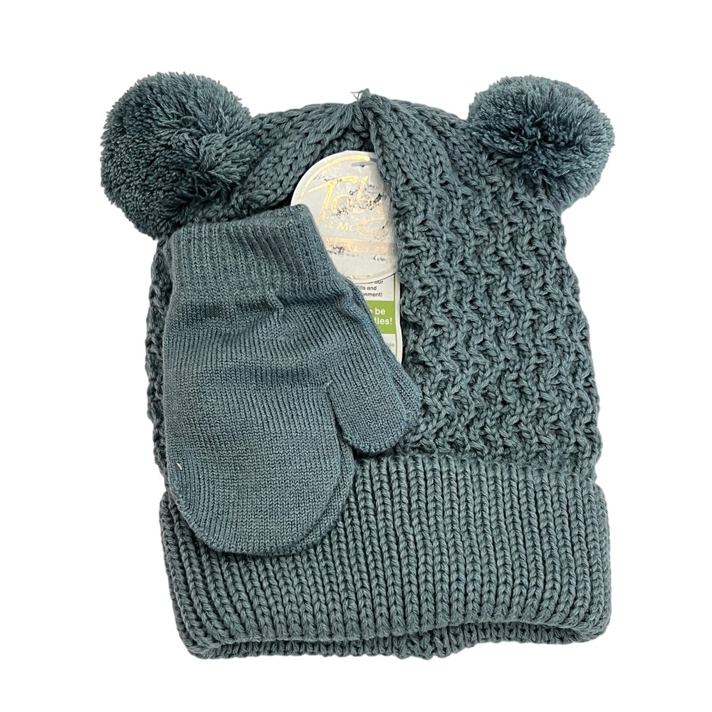 NWT Toby & Me Kids Knit Beanie Hat Mittens Set W/ Pom Poms Toddler size